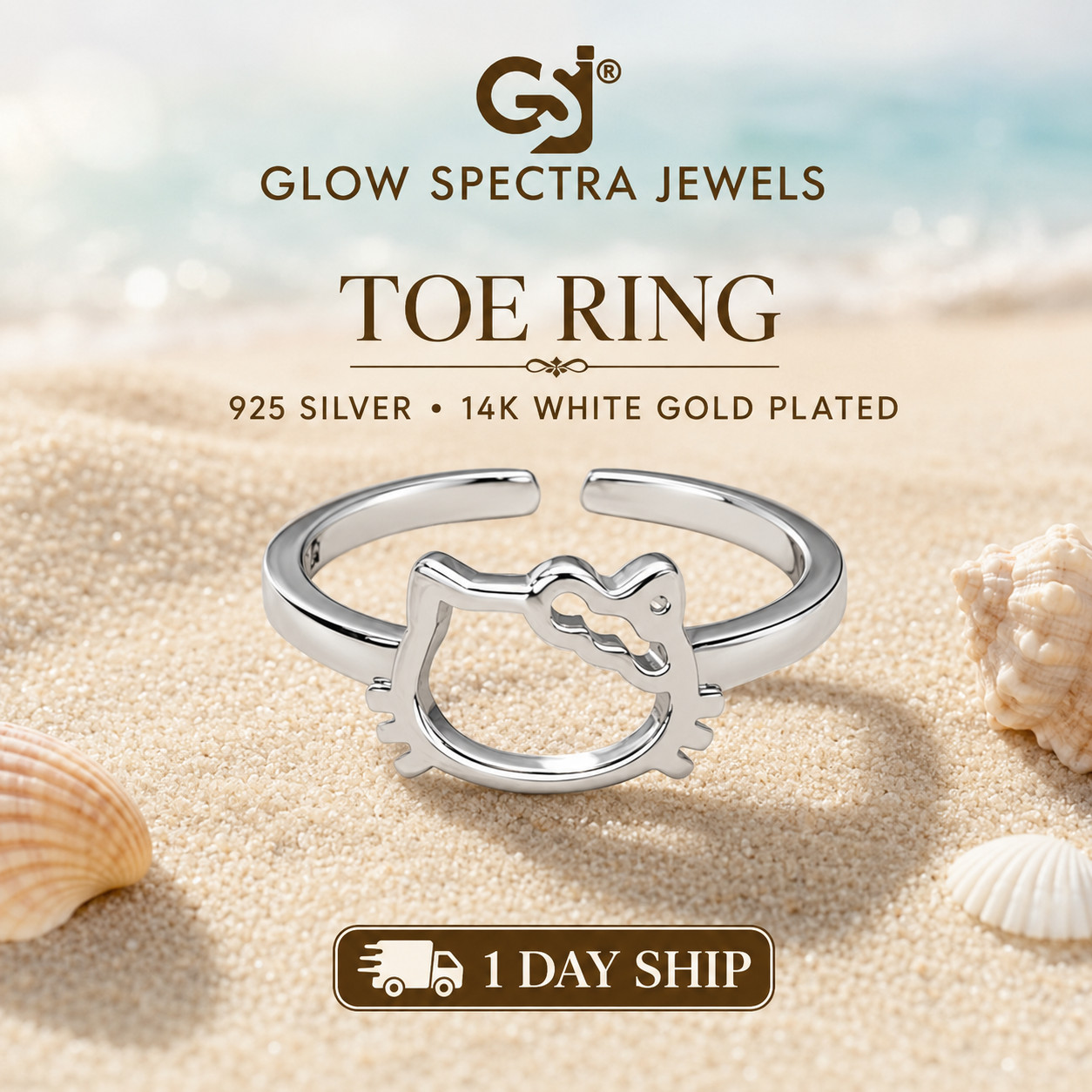 925 Sterling Silver Hello Kitty Adjustable Ring 14k White Plated