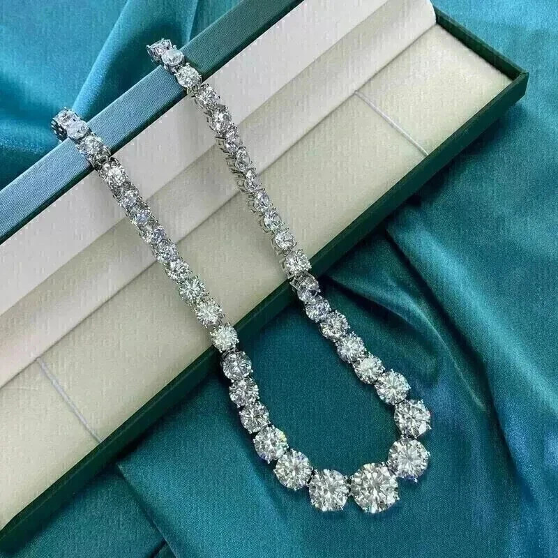 9.65 Ct Round Cut Beautiful Moissanite Tennis Necklace 14K White Gold Plated.