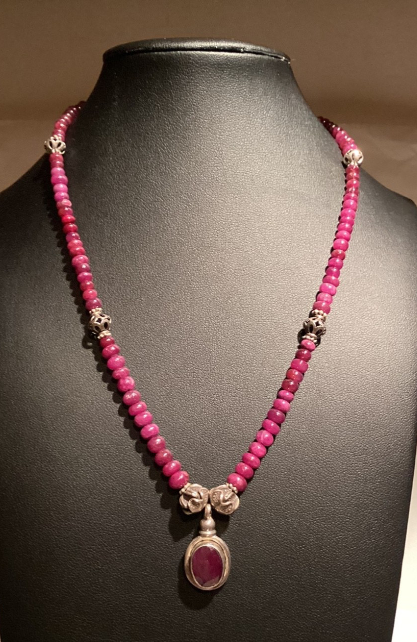 Raw Natural Ruby Roundell Beaded & .925 Sterling Silver Pendant Necklace OOAK