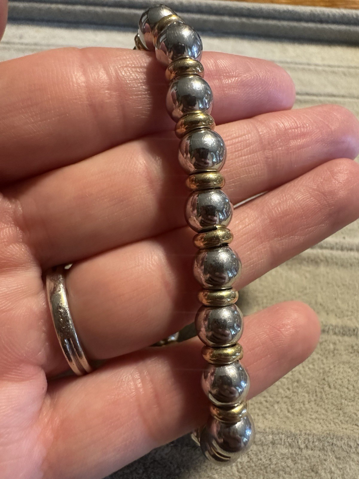 Vtg Italy Signed 925 Sterling Silver 2-toned Ball Bead & Spacer Bracelet 8”