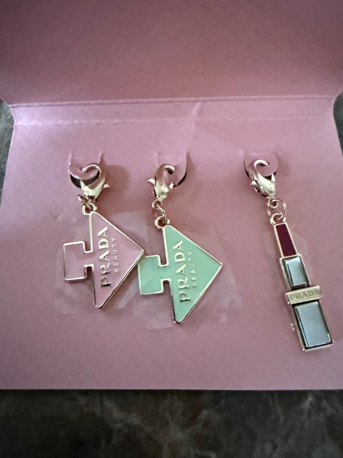 Prada Three Piece Enamel Zipper Pull Bag Charm NWOT