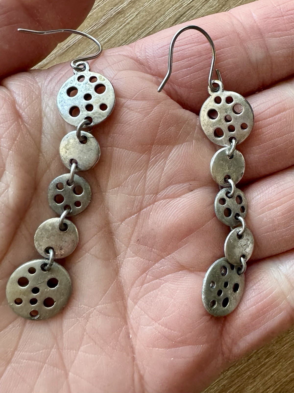 Vintage Matte Silver Lotus Pod Multi Disc Dangle Earrings Brutalist Boho 2.5”