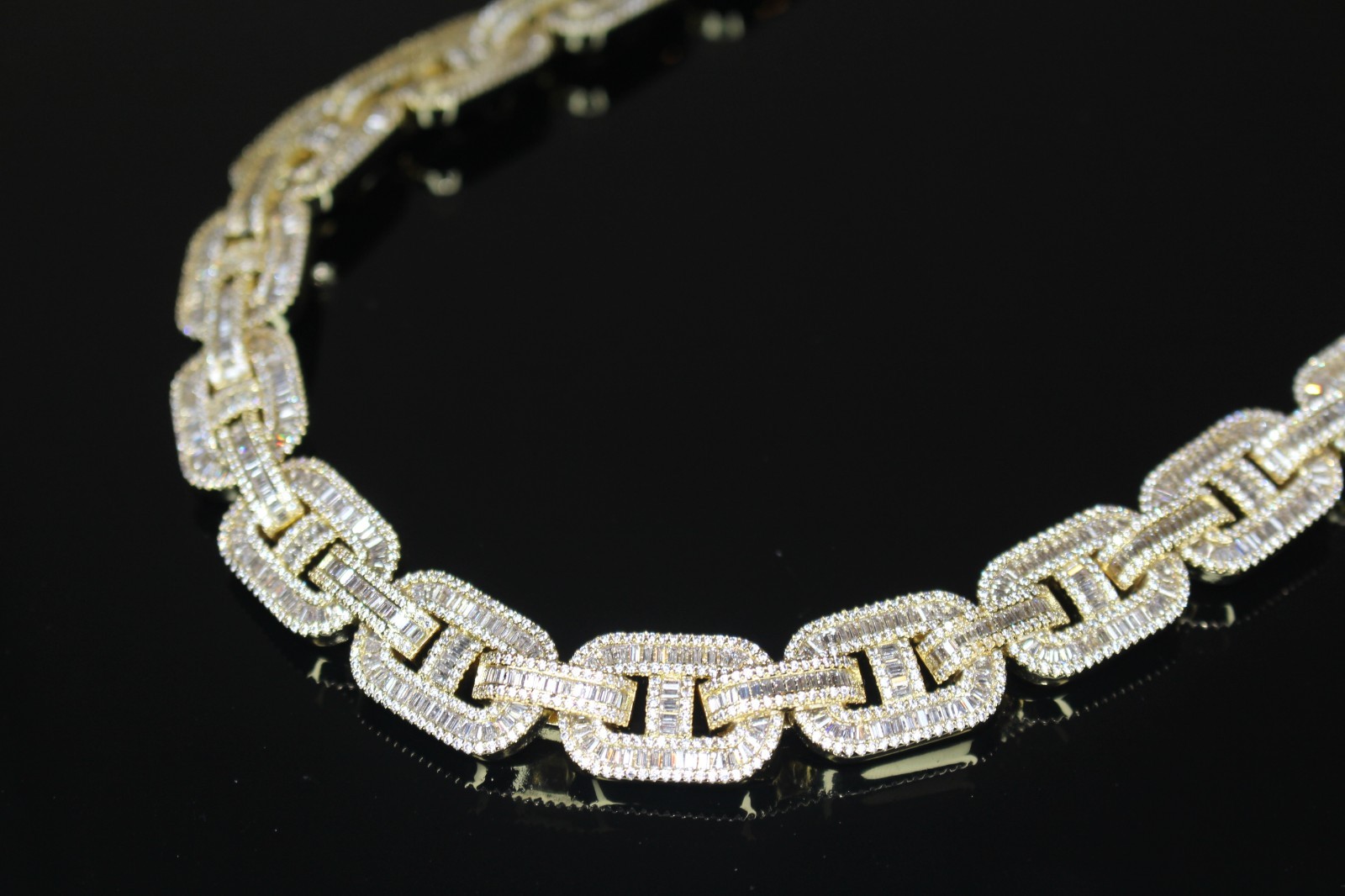 14k STAMP 14mm MARINER Chain Necklace 82.6ct BAGUETTES Lab Sim VVS1 Diamond Gold