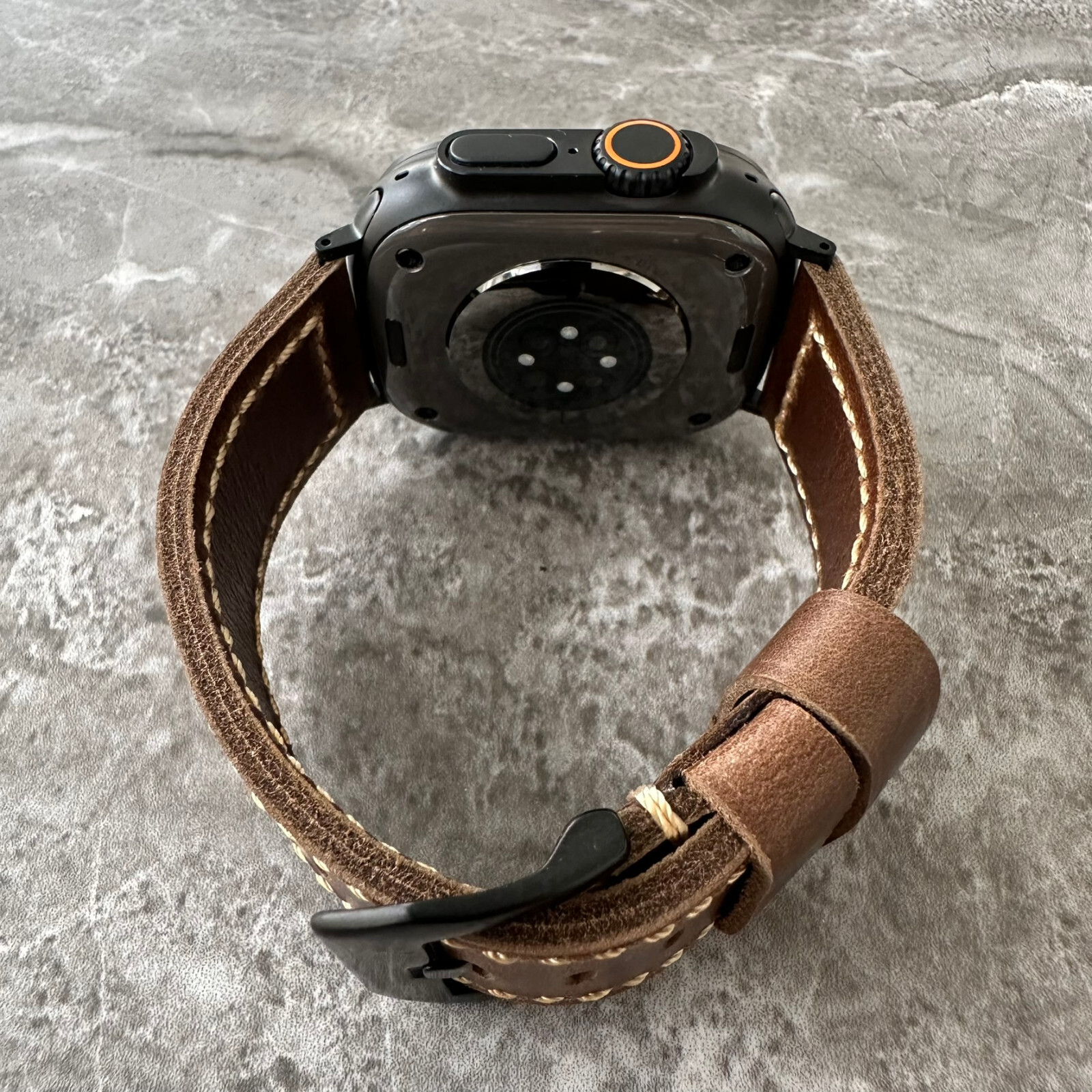 Premium Leather Thick Dark Brown Watch Strap For Black Apple Watch Ultra 49mm