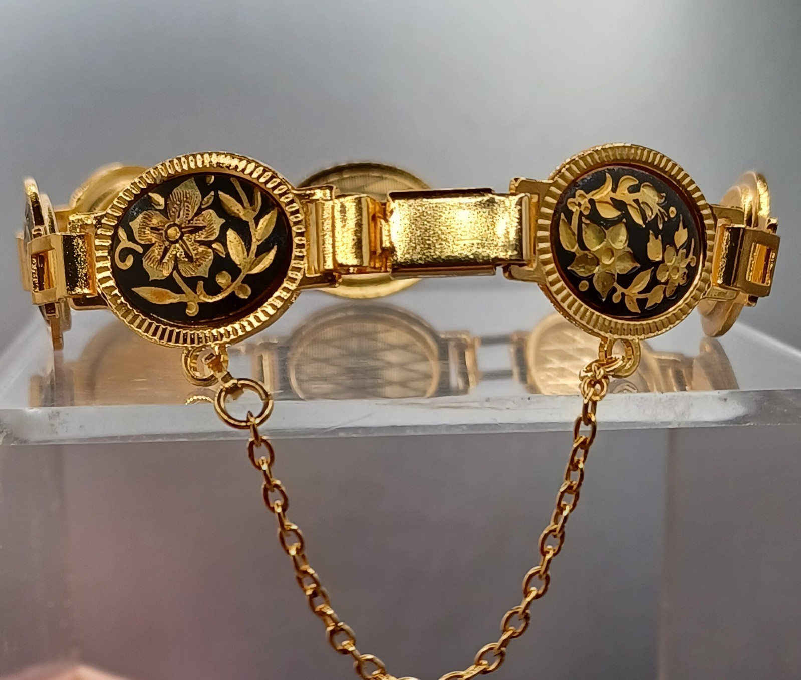 VTG Midas Damascene Bracelet Flower & Bird Black w/Gold Inlay Toledo, Spain8.25″