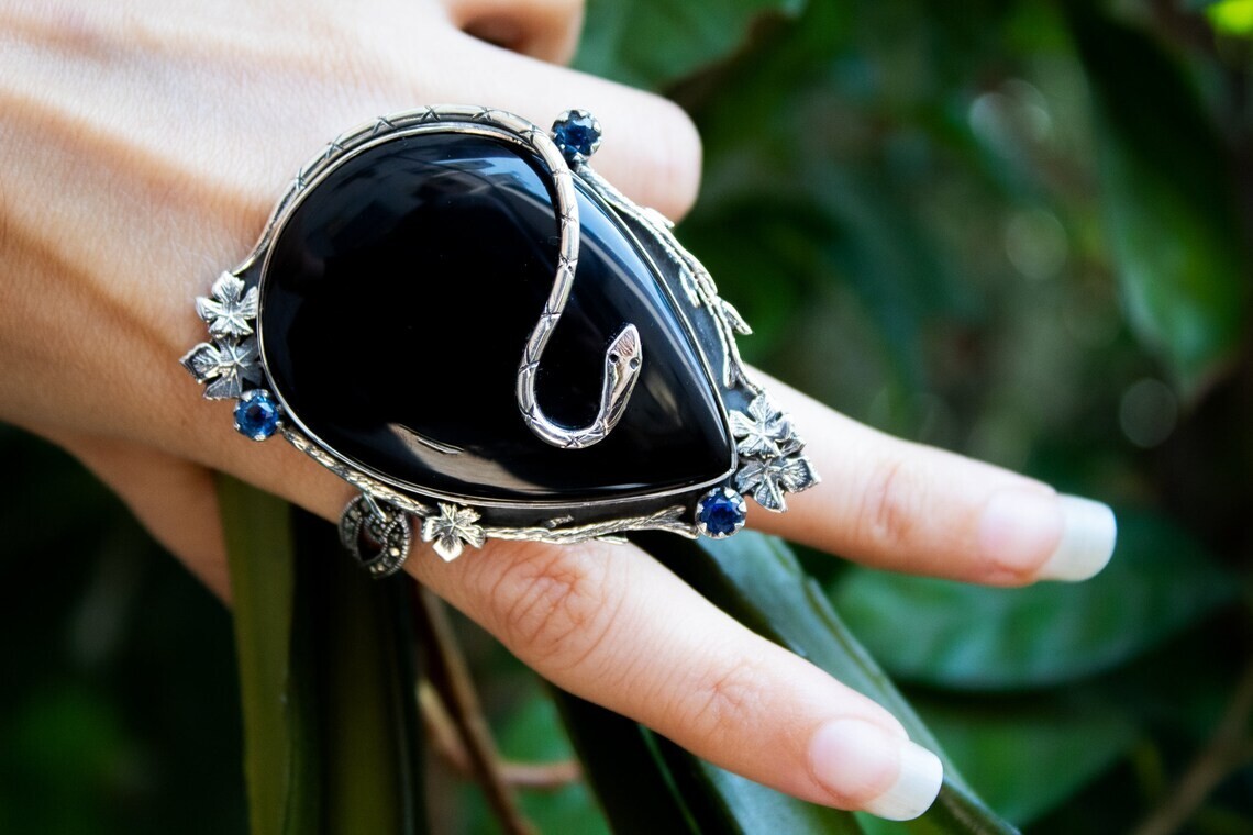 Black Onyx 925 Sterling Silver Ring-Skull &Snake,Witchy OOAK Boho Statement Ring