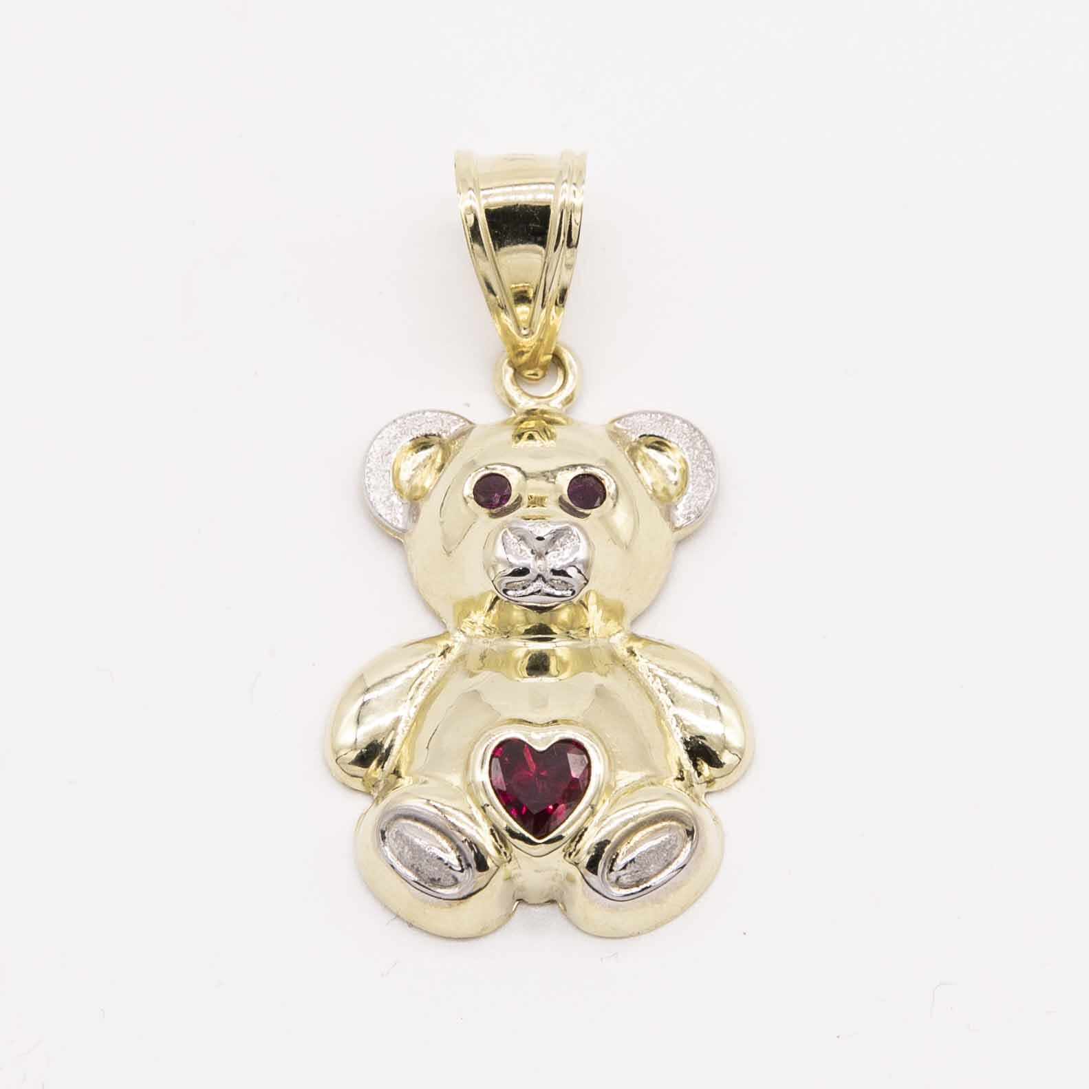 Teddy Bear with Heart CZ Stone Pendant Real 10K Yellow White Gold