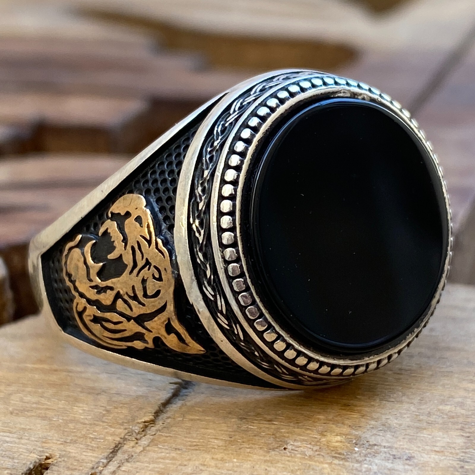flate Luxury BIG Black Onyx LION stone Mens Ring 925 Sterling Silver ALL SIZE