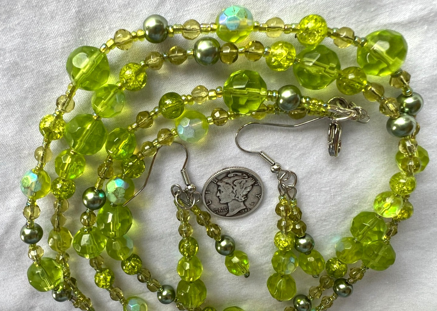 Beaded 2 Strand Necklace 17 1/2 Inches Dangle Earrings Glass Beads Pastel Green