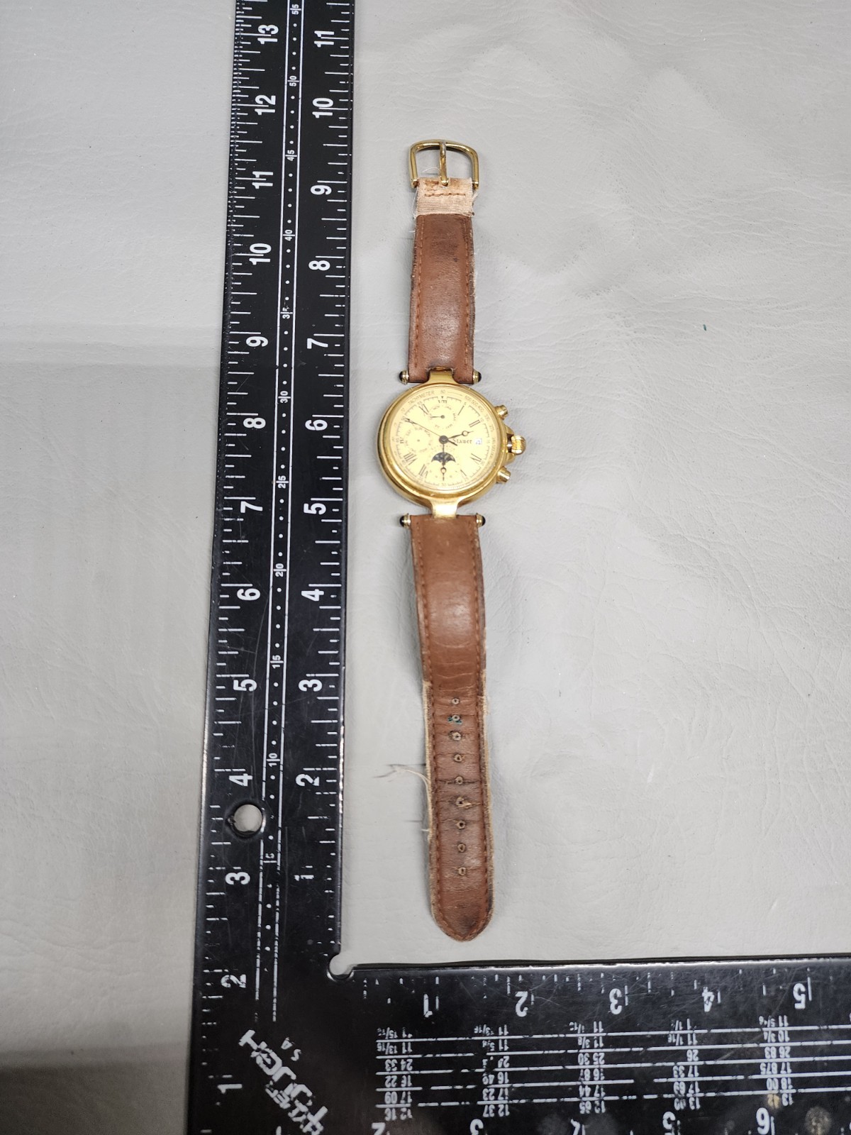 (Needs New Battery) – Stauer Wristwatch Leather Tachymeter Moon Phase Beige Dial