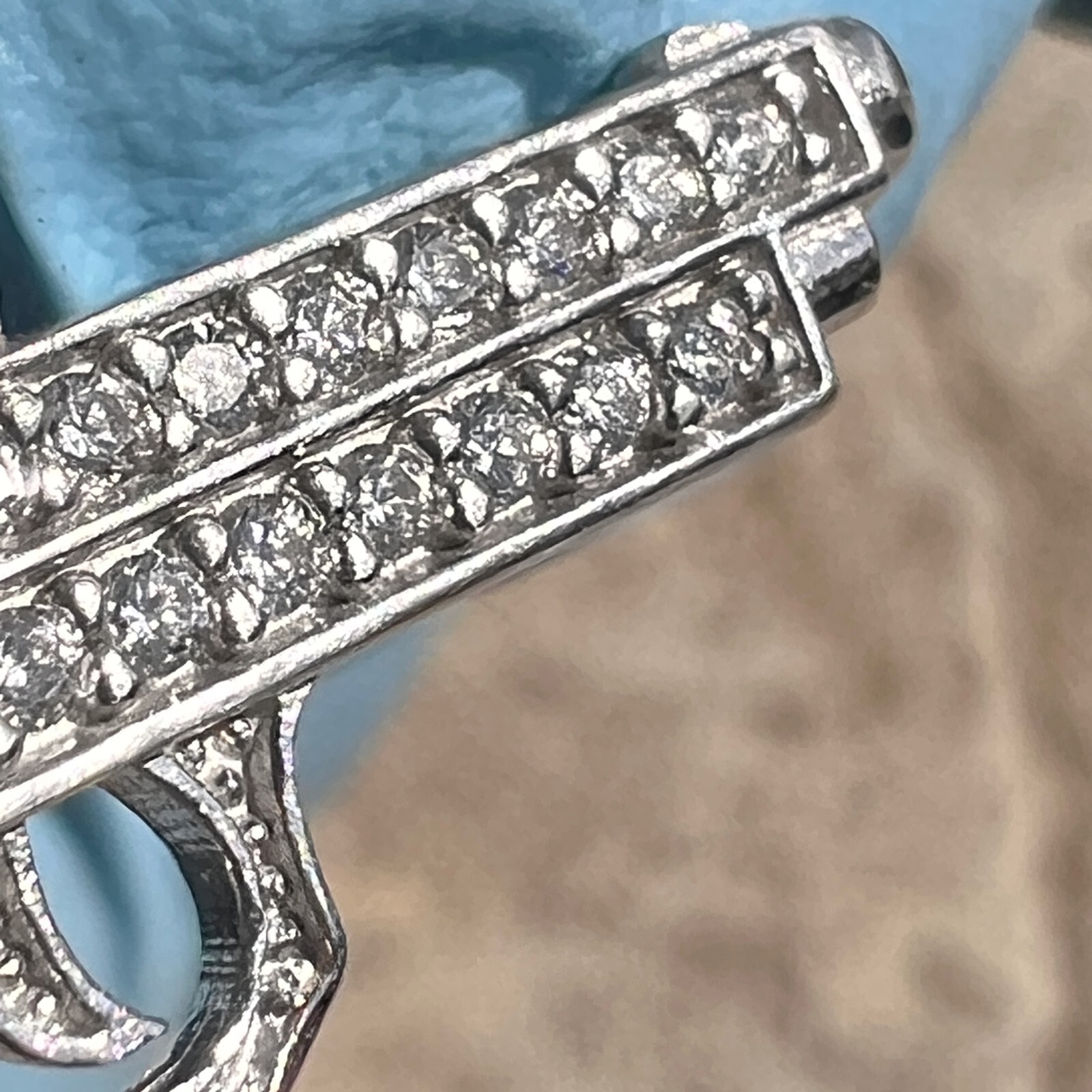 Real Solid 925 Sterling Silver Gun Pistol Scrollwork Engraving Iced CZ Pendant