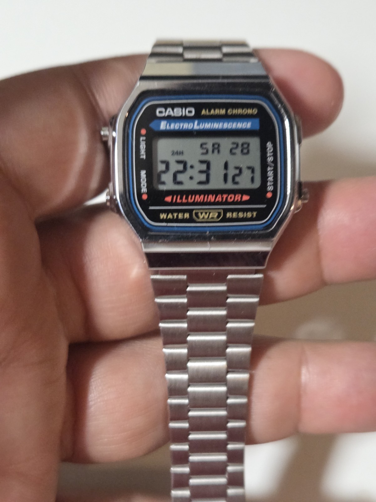 Casio A168WA-1W Digital Alarm Stainless Steel Illuminator Watch A168WA-1 C135B