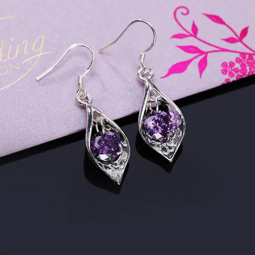 925 Sterling Silver Purple CZ Crystal Teardrop Drop Dangle Earrings Women Gift
