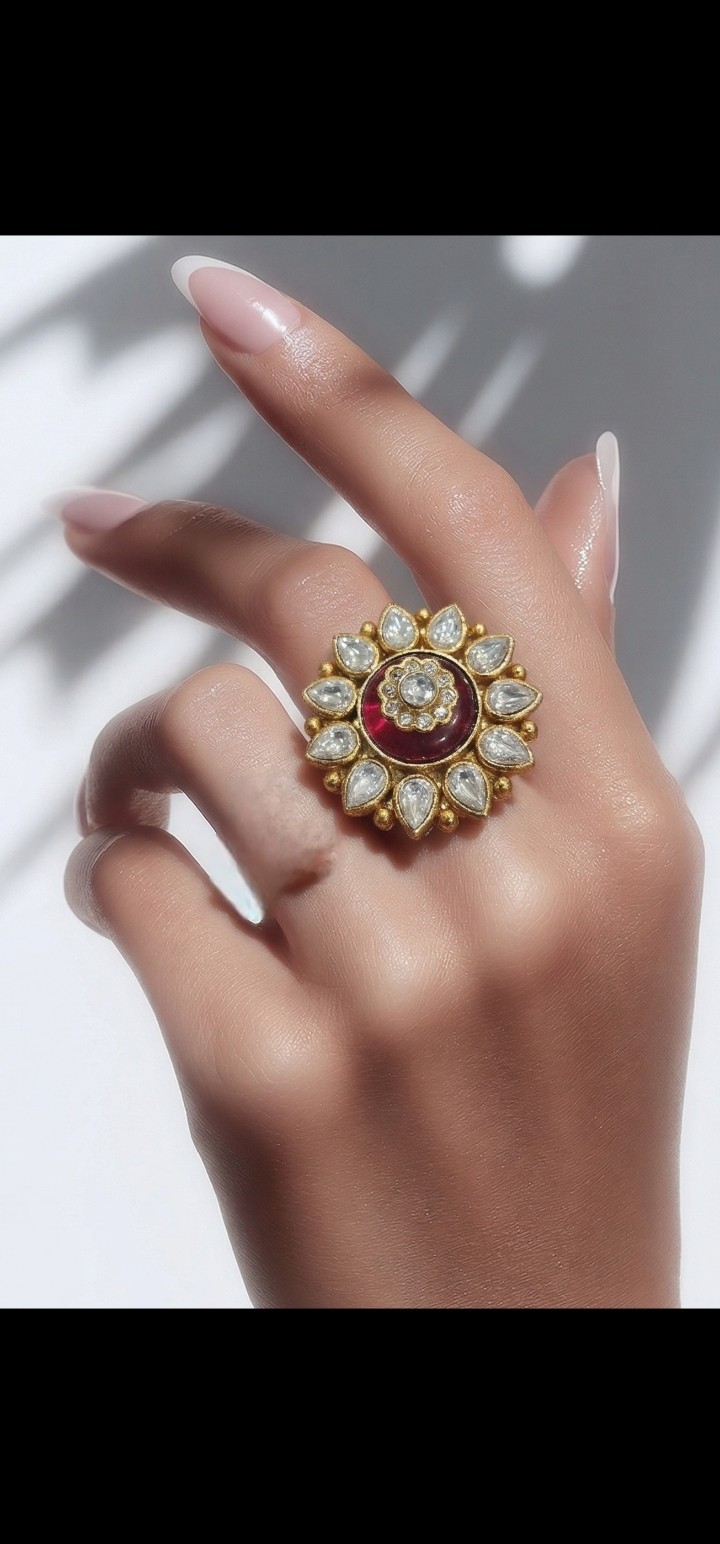 Gold, White, Red Cluster Cocktail Ring Round Stones Fashion Statement Jewelry
