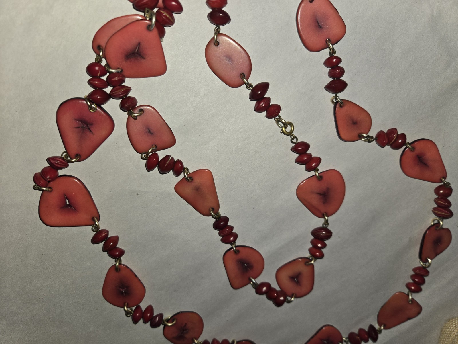handcrafted artisan multi-strand necklace vibrant red Slices Tagua Nuts,seeds