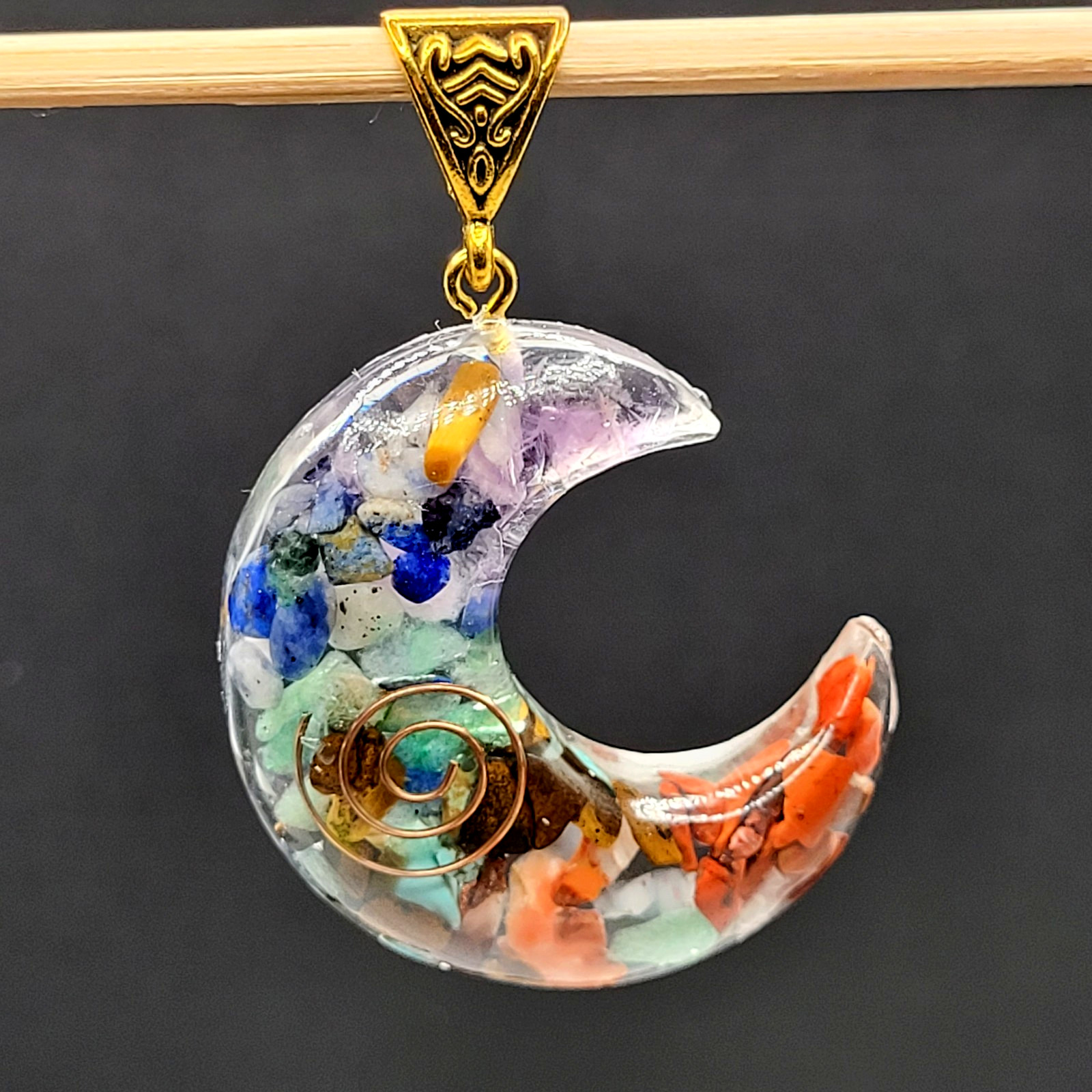 Crescent Moon Shape Orgone Chakra Crystal Chip Pendant Ornate Bail No Chain