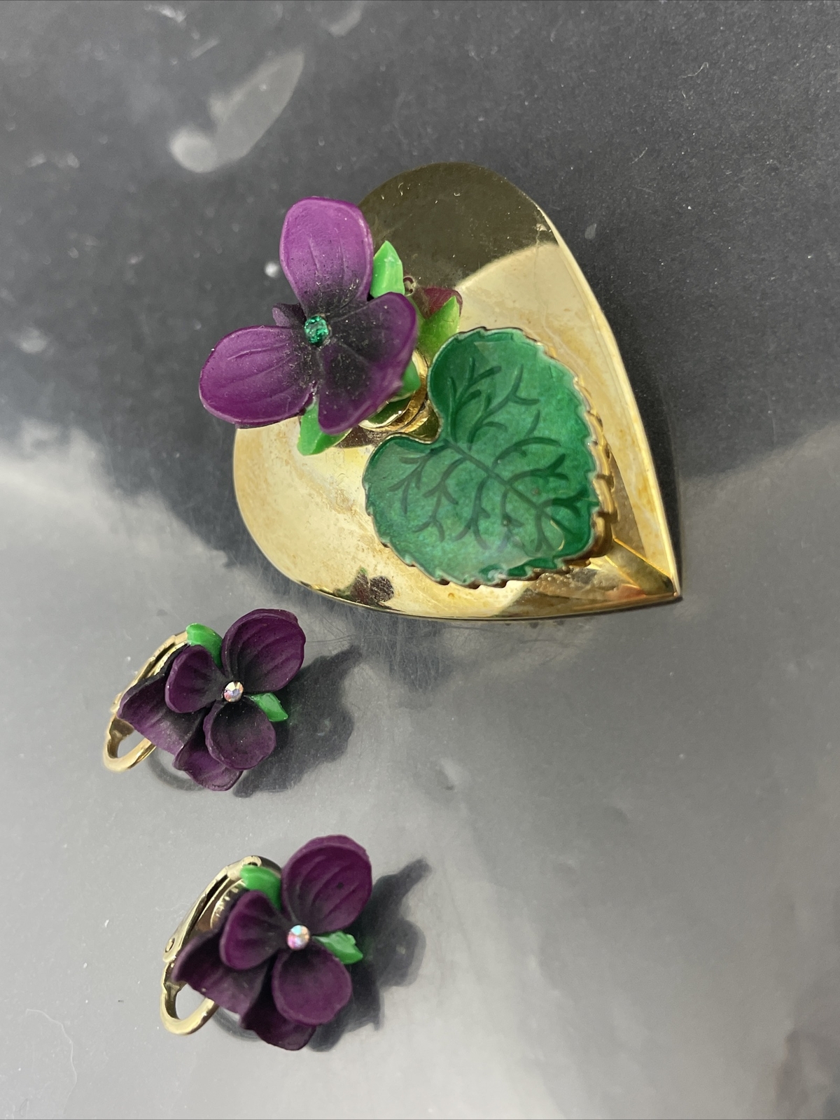 Vintage GoldTone, Enamel, Ceramic, Crystals Violet Heart Pendant/ClipOn Earrings