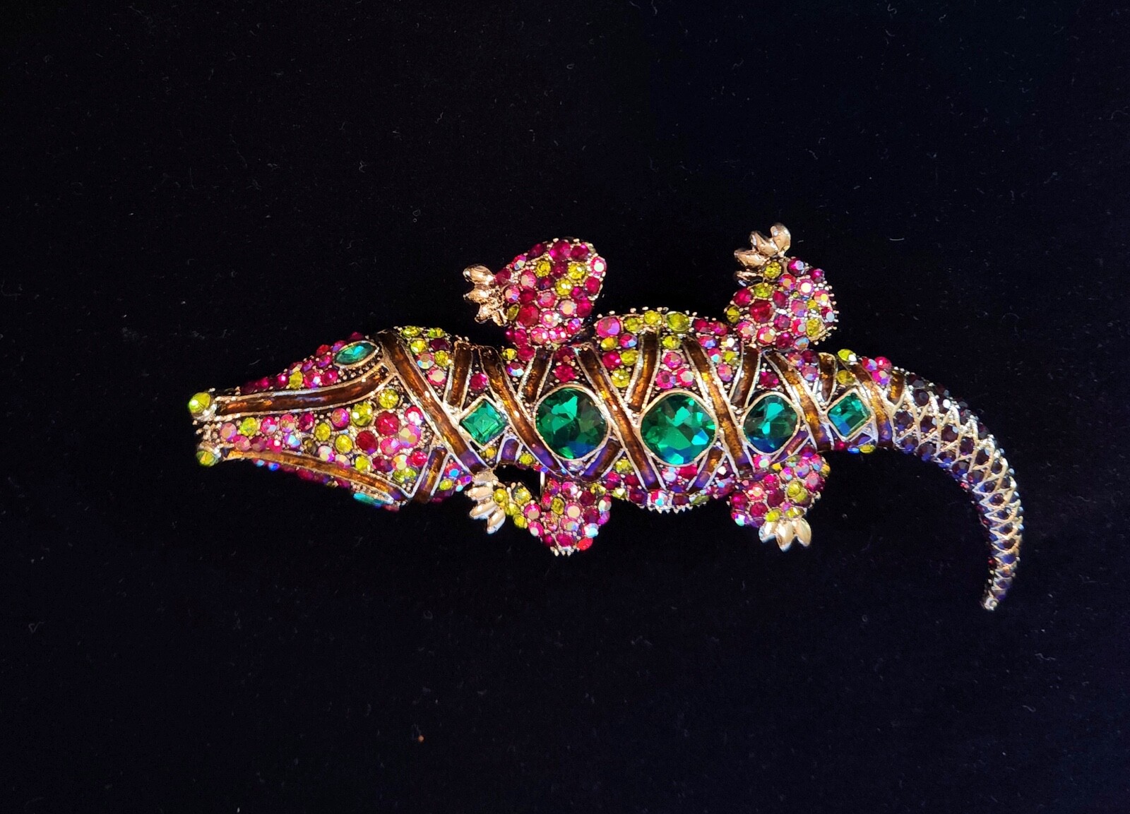 Giant & BEAUTIFUL RHINESTONE & ENAMEL Alligator /Crocodile BROOCH PIN 5.5″ x 2″