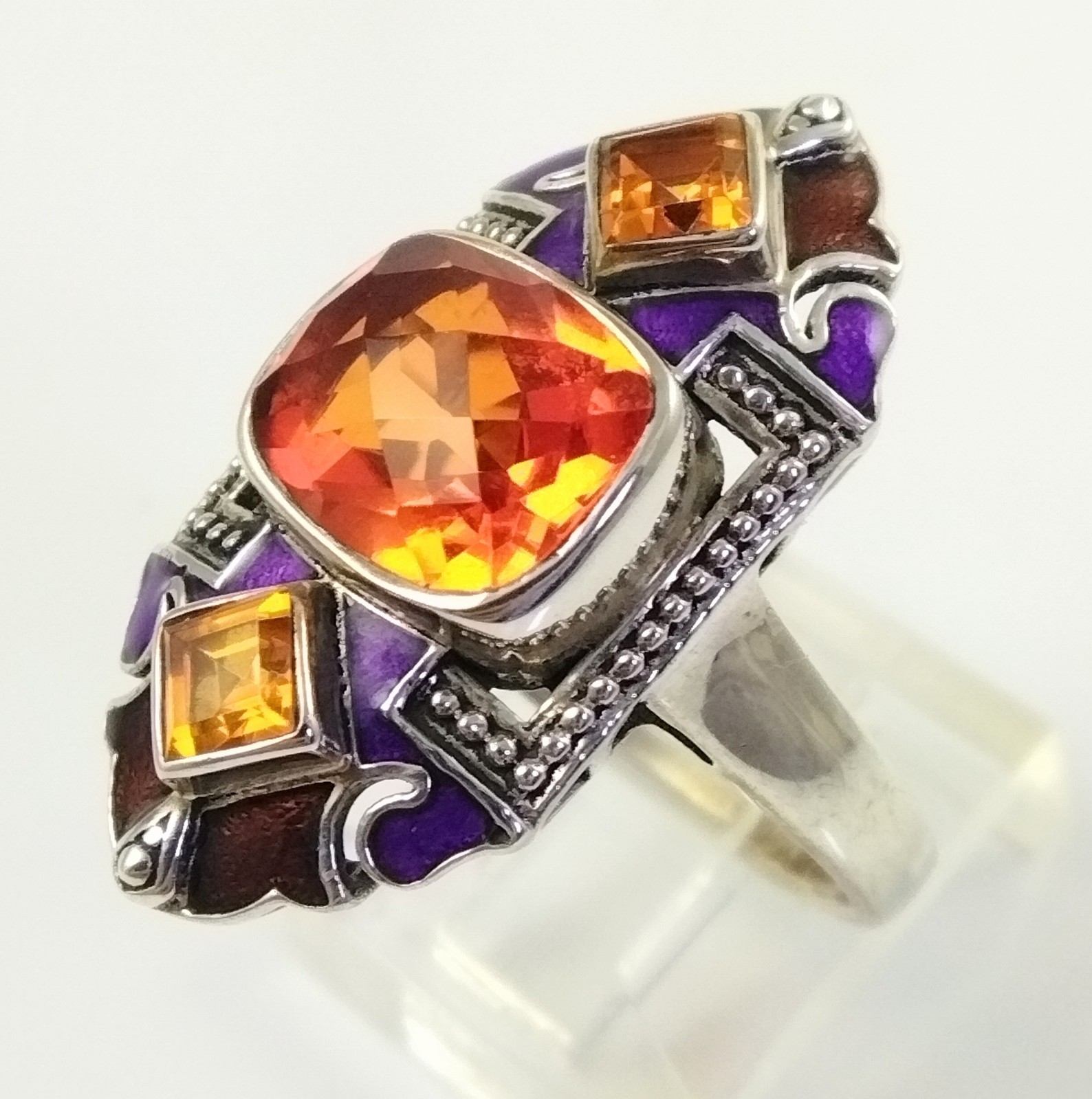 Nicky Butler Sterling Silver Orange Gemstone Purple Brown Enamel Ring Size 9