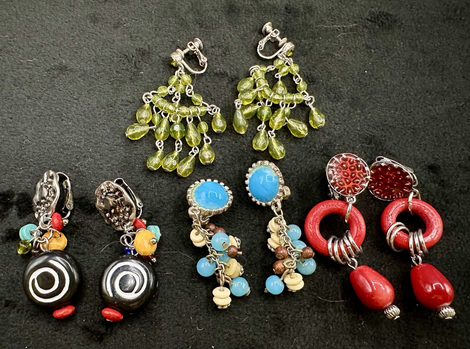 Vintage Lot Of 4 Clip On Earrings Glass Wood Plastic Multicolor BOHO HIPPIE