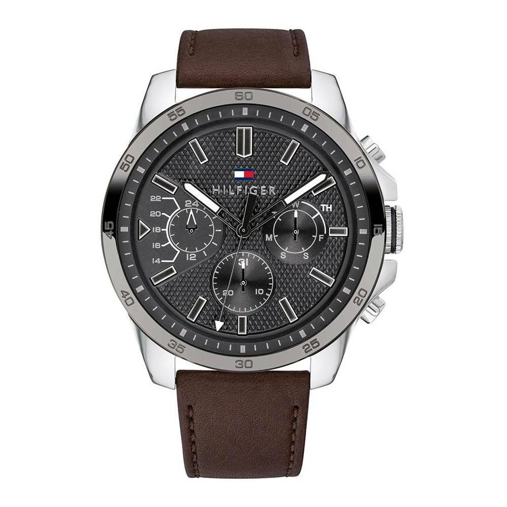NEW TOMMY HILFIGER “ICONIC” TH1791562 SILVER/GREY/BROWN LEATHER MENS WATCH