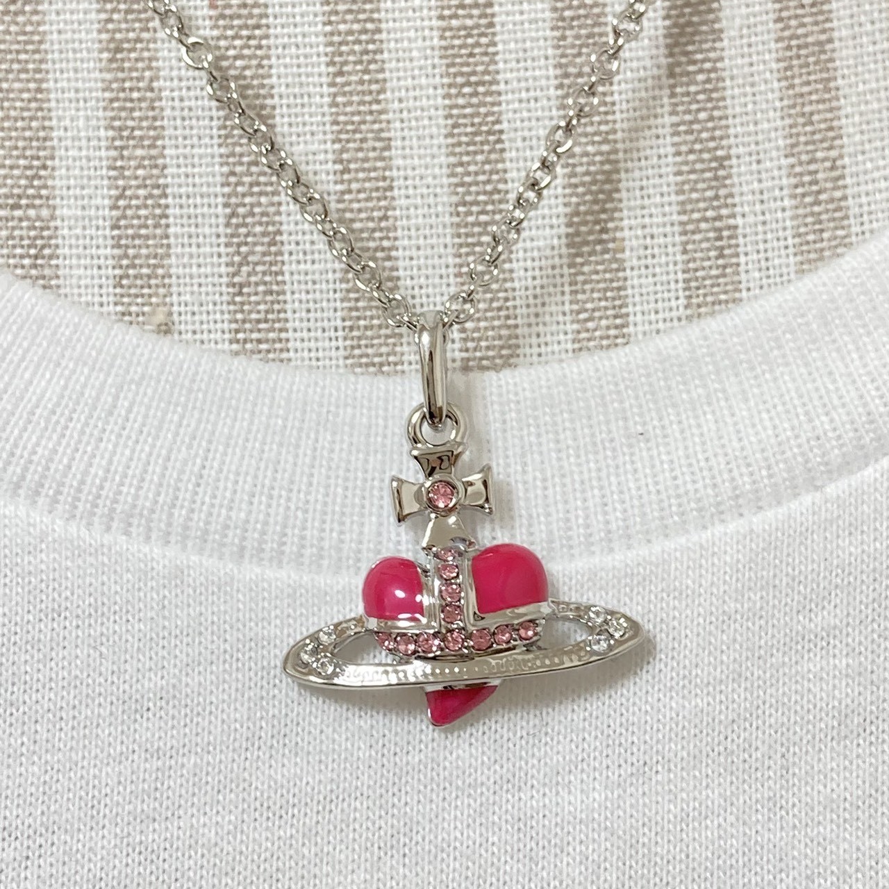 Vivienne Westwood Necklace Diamante Heart Silver Pink TOP 2.5cm NO BOX