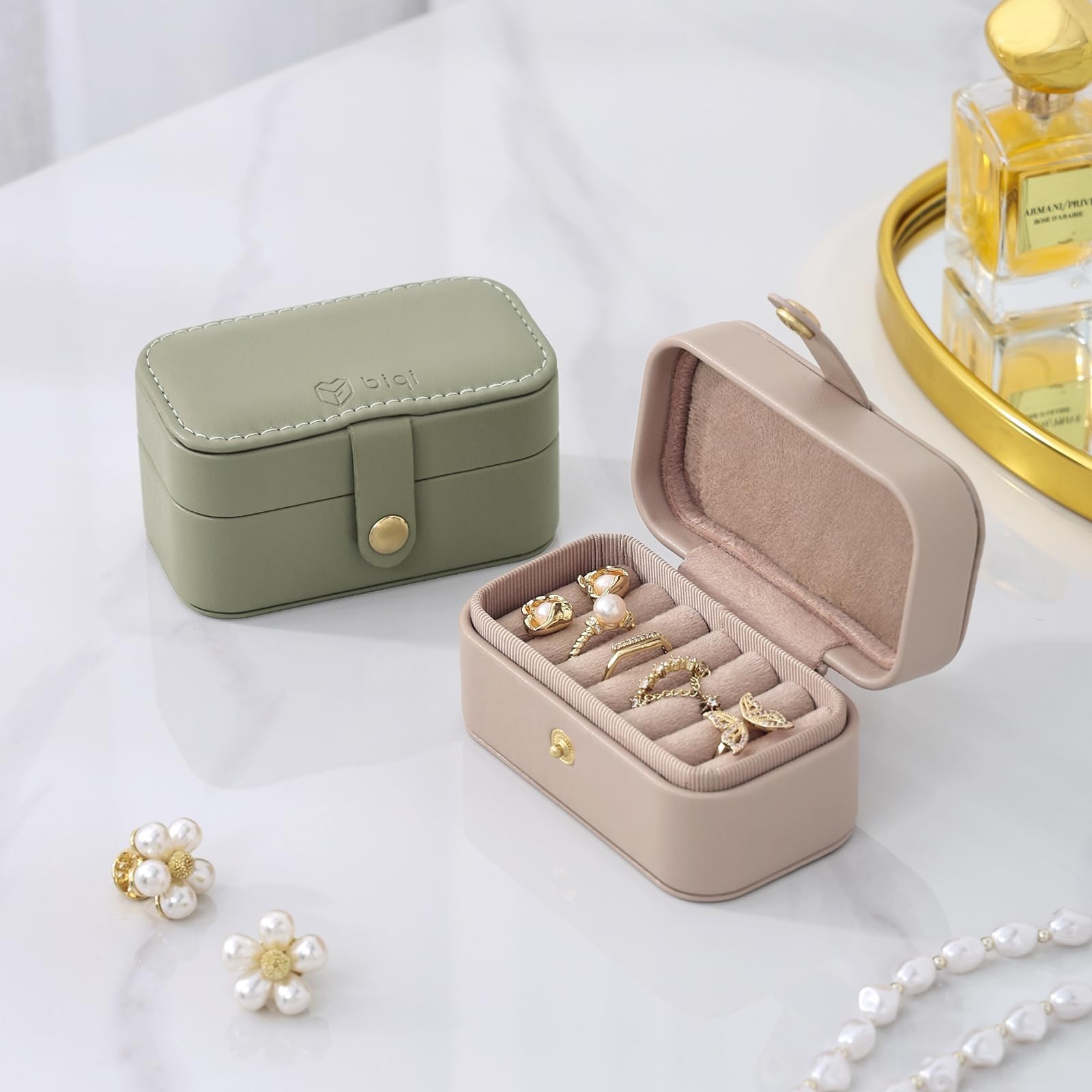 BIQI MUSSE Jewelry Ring Case for Travel, PU Leather Light Taupe