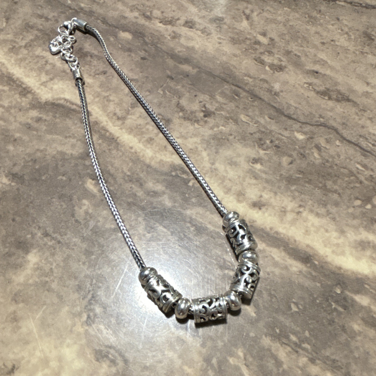 Silver Tone Snake Chain Beaded Spacer Charm Necklace, Lobster, Adjustable