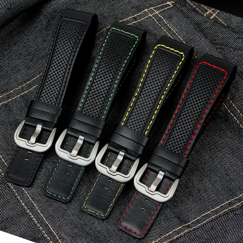 Cowhide Leather Watch Strap for Panerai Dietrich 24mm Black Red Stitch Men Band