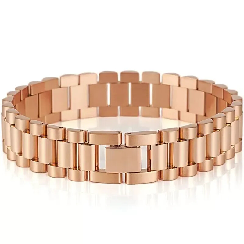 15MM Wide 8/8.86‘’ Watch Chain Wristband Bracelet Gold Plated Stainless Steel