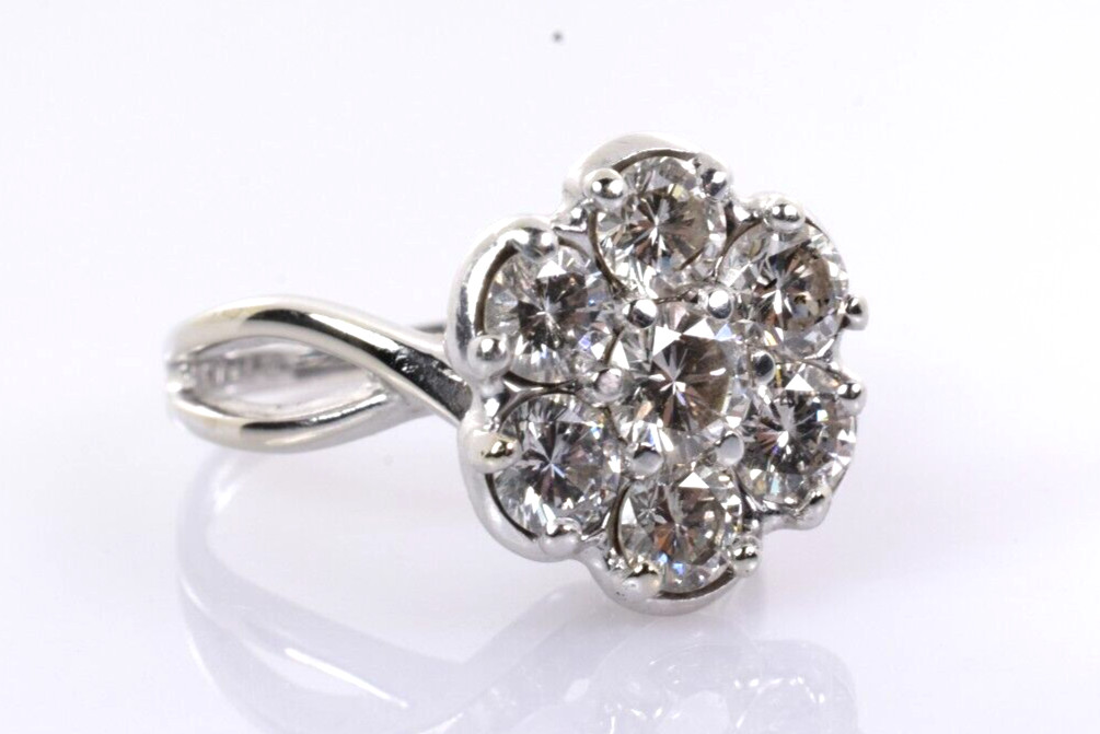 Vintage High Set Diamond Cluster Ring in 13k White Gold 1.90 Carats Size 6.5