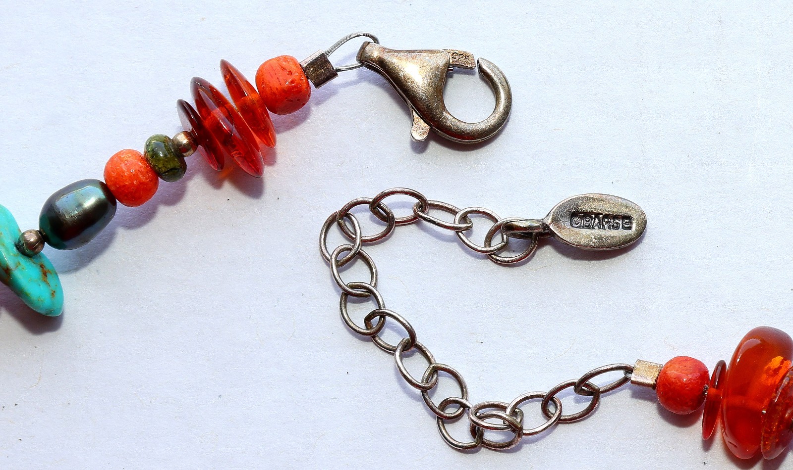 BARSE Necklace Amber Beads Sterling Pendant Turquoise 925 Silver Beaded THAI 20″