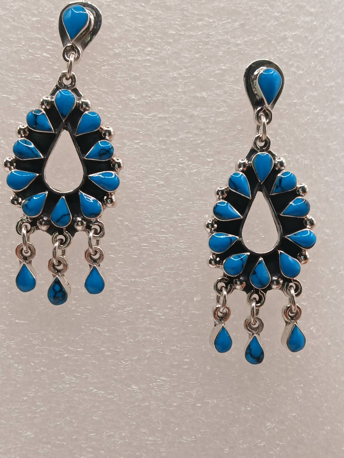 Sterling Silver Navajo Style Turquoise Teardrop Dangle Earrings 61mm