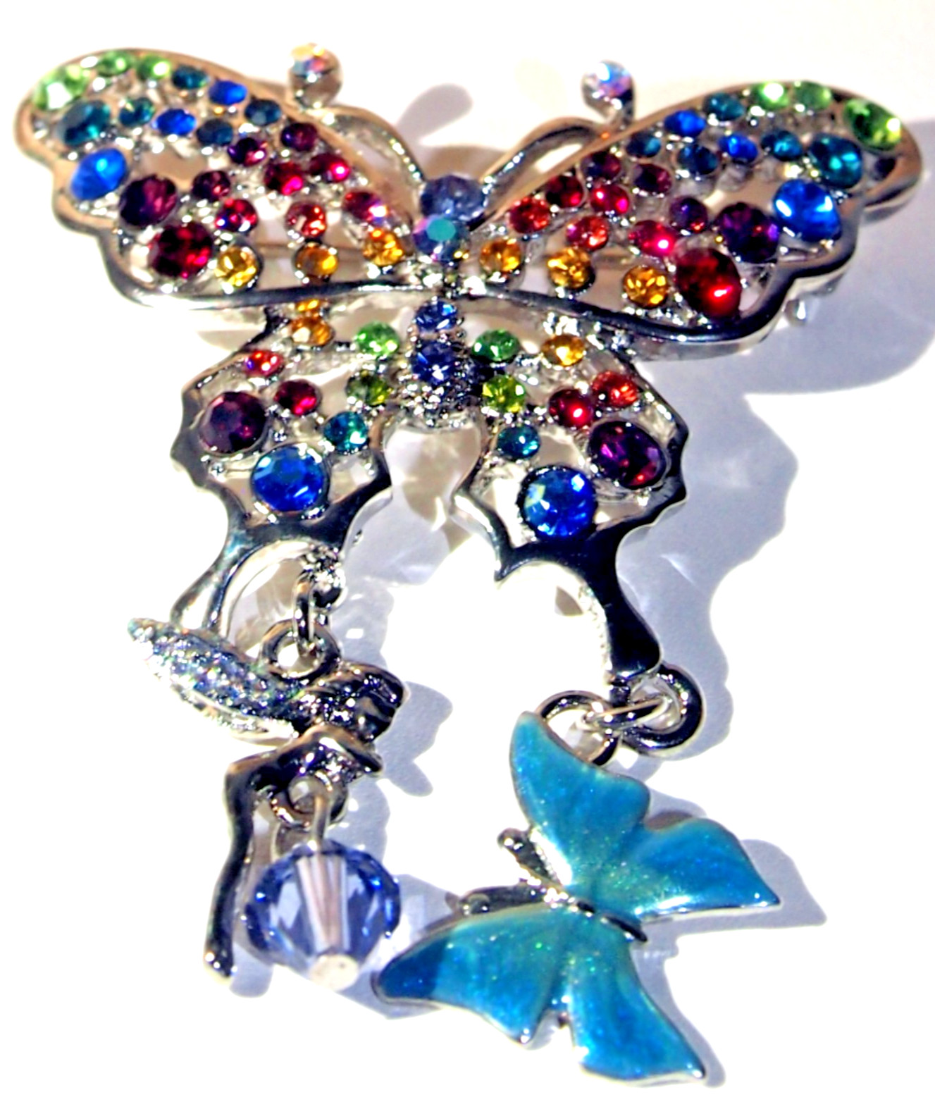 Kirks Folly Rainbow Butterfly Pin w/Fairy Charm-Silvertone 2-1/8″ x 1-3/4″