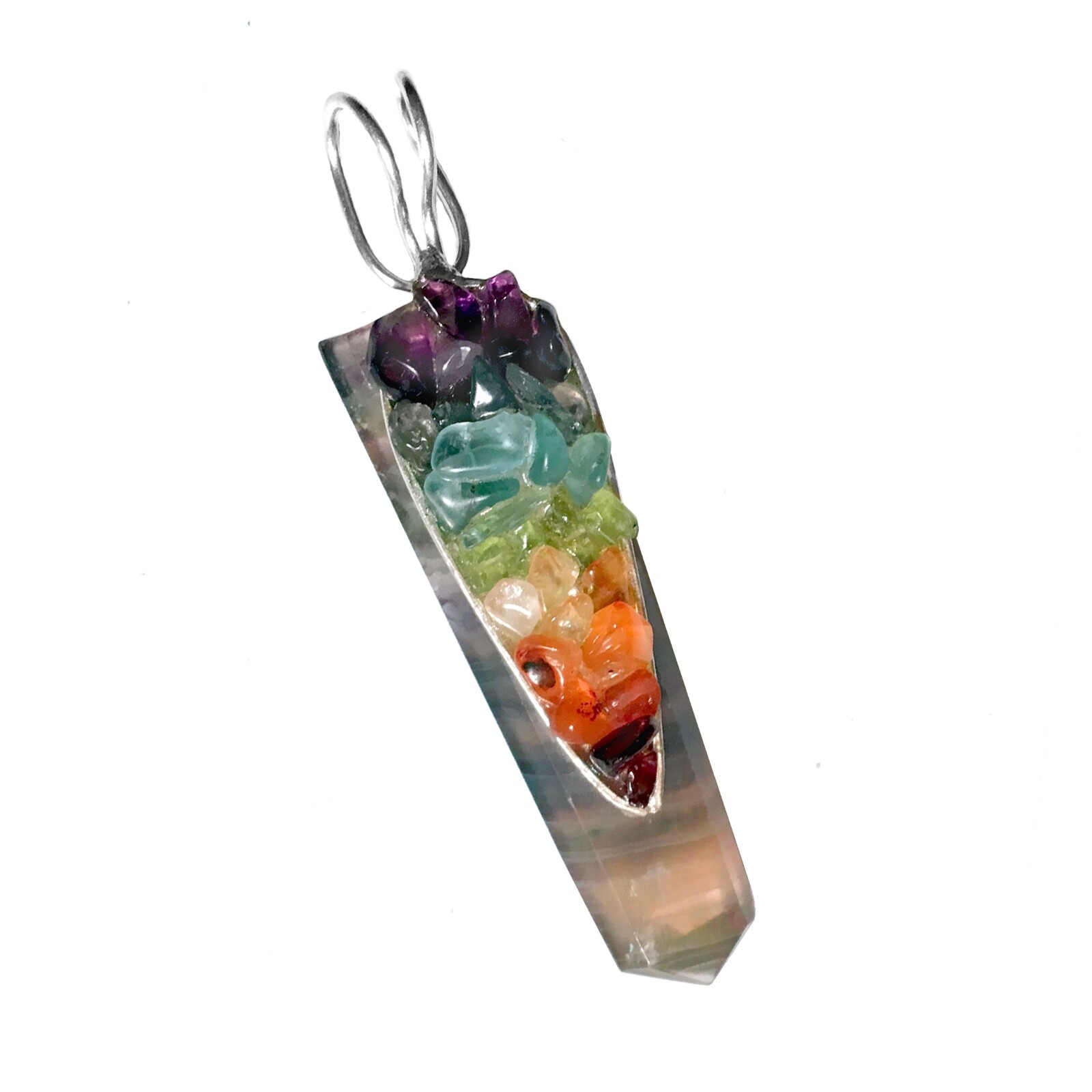 Rainbow FLUORITE Crystal 7 Chakra Pendant CHARGED Sterling Silver Necklace Reiki