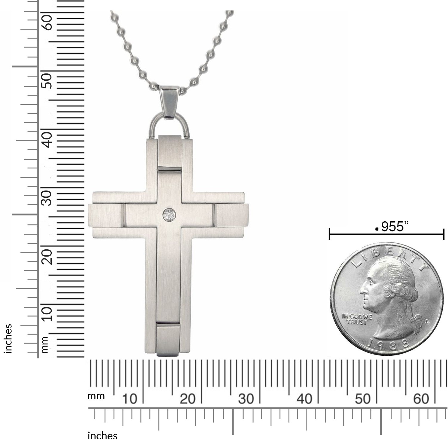 Stainless Steel Cross Pendant with 0.02 Carat Diamond Satin Accent – 24″ Chain