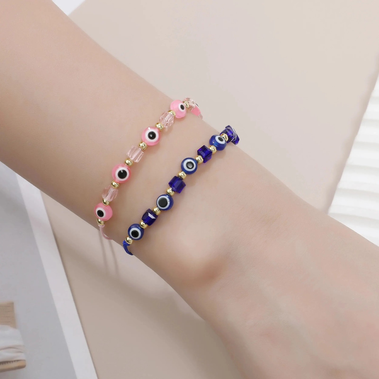 Evil Eye Square Round Lucky Bracelet Handmade Prayer Bangles 7″/ 11″ Adjustable