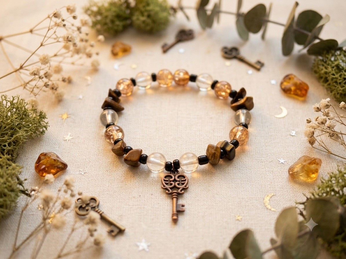 Key Charm Beaded Bracelet, Clear and Brown Round and Stone Beads, 8 in