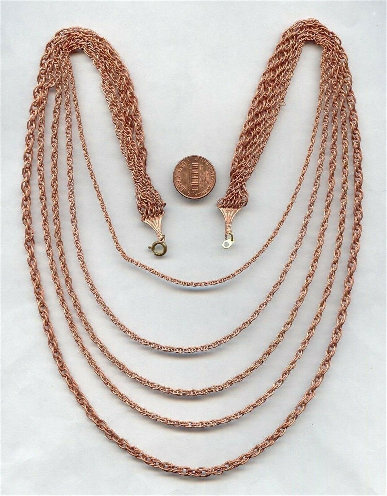 VINTAGE COPPER COATED STEEL GRADUATED 5 STRAND ROPE CHAIN 20” BIB NECKLACE N80