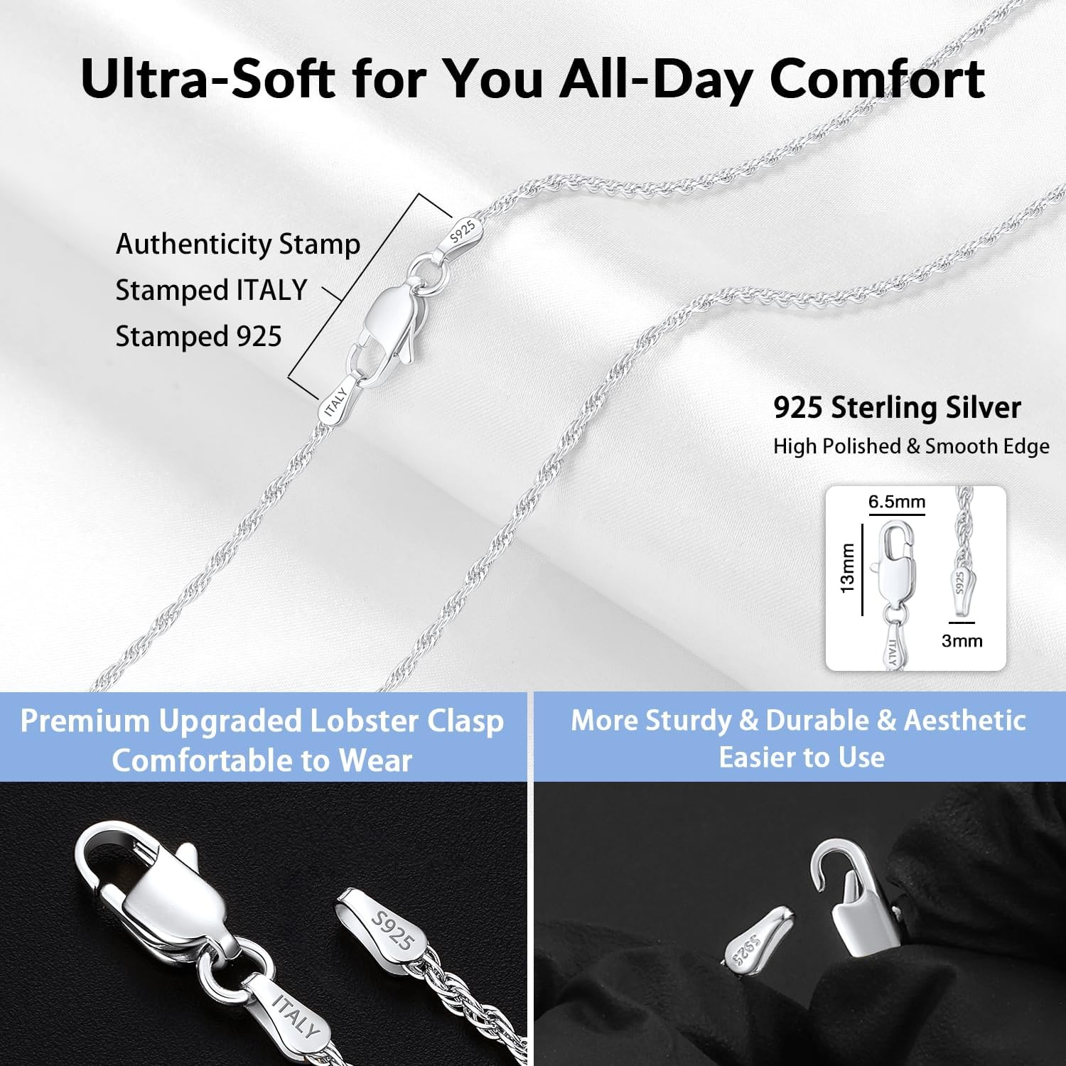 2mm Sterling Silver Rope Chain Necklace 925 Gold Plated 16 18 20 22 24 26 Inch