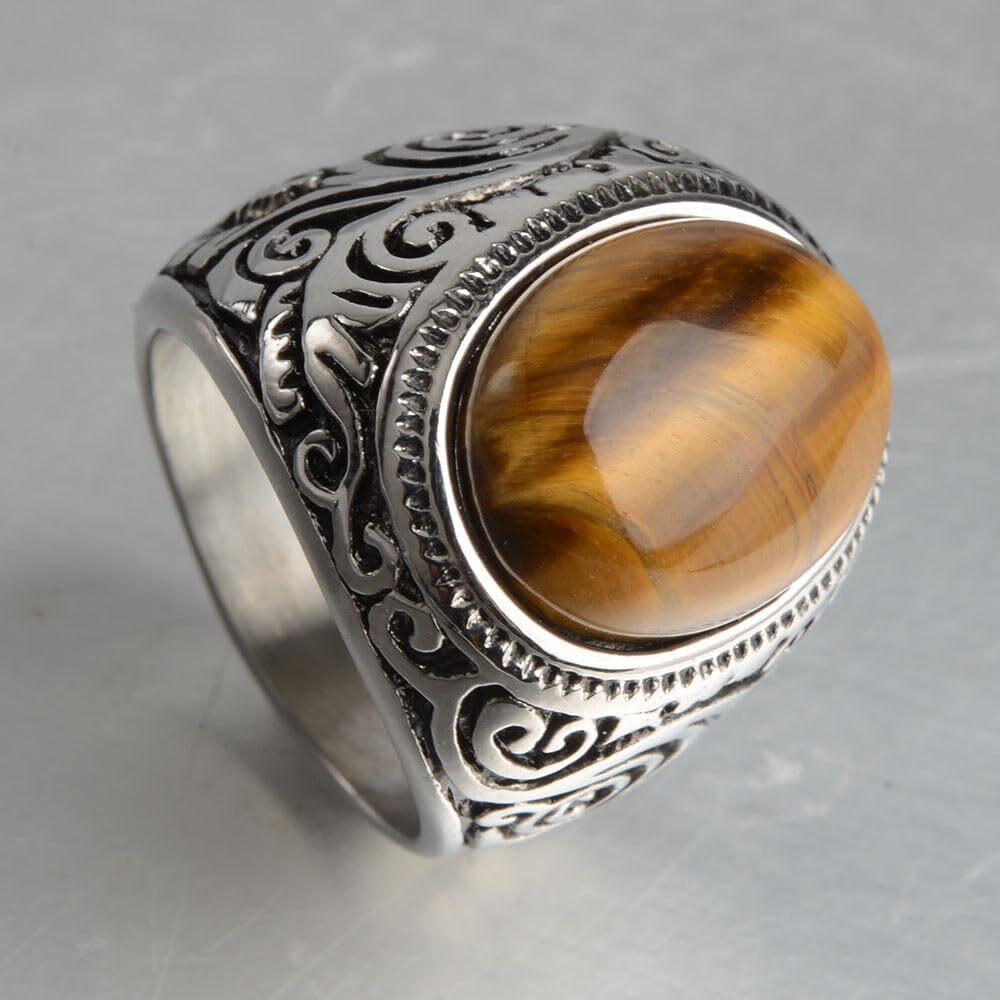 Stainless Steel Retro Tiger Eye Stone Ring,Black Onyx Oval More Color Stone Ring