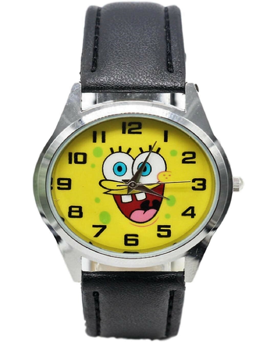 Spongebob Square Pants Round Face Black Leather Band Wrist Watch