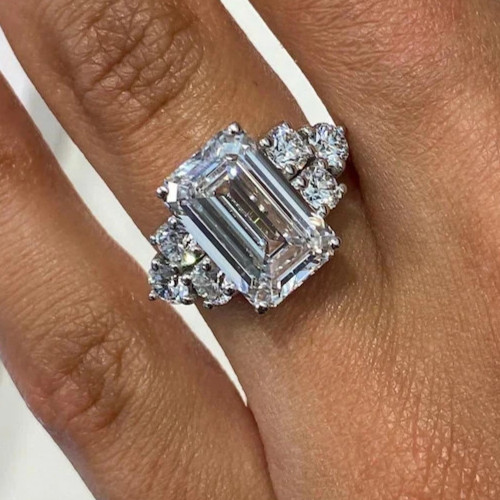 Lab Grown Diamond 6.50 Ct Emerald-Cut Hidden Halo Engagement Ring 14K White Gold