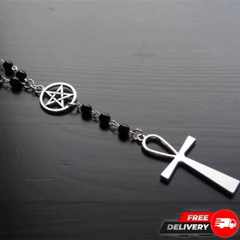 Ankh & Pentagram Rosary Necklace Black Bead Wicca Pagan Jewelry