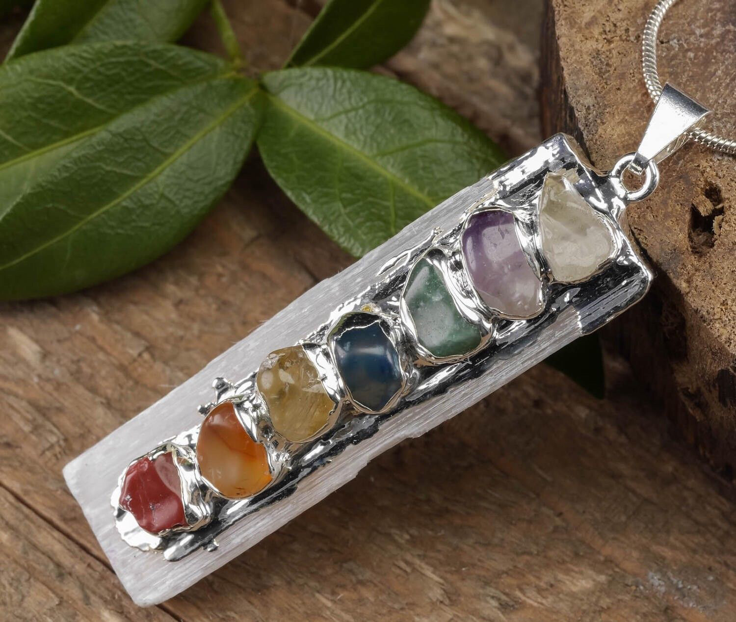 Selenite 7 Chakra Gemstone Pendant Natural Crystal Reiki CHARGED Healin Necklace