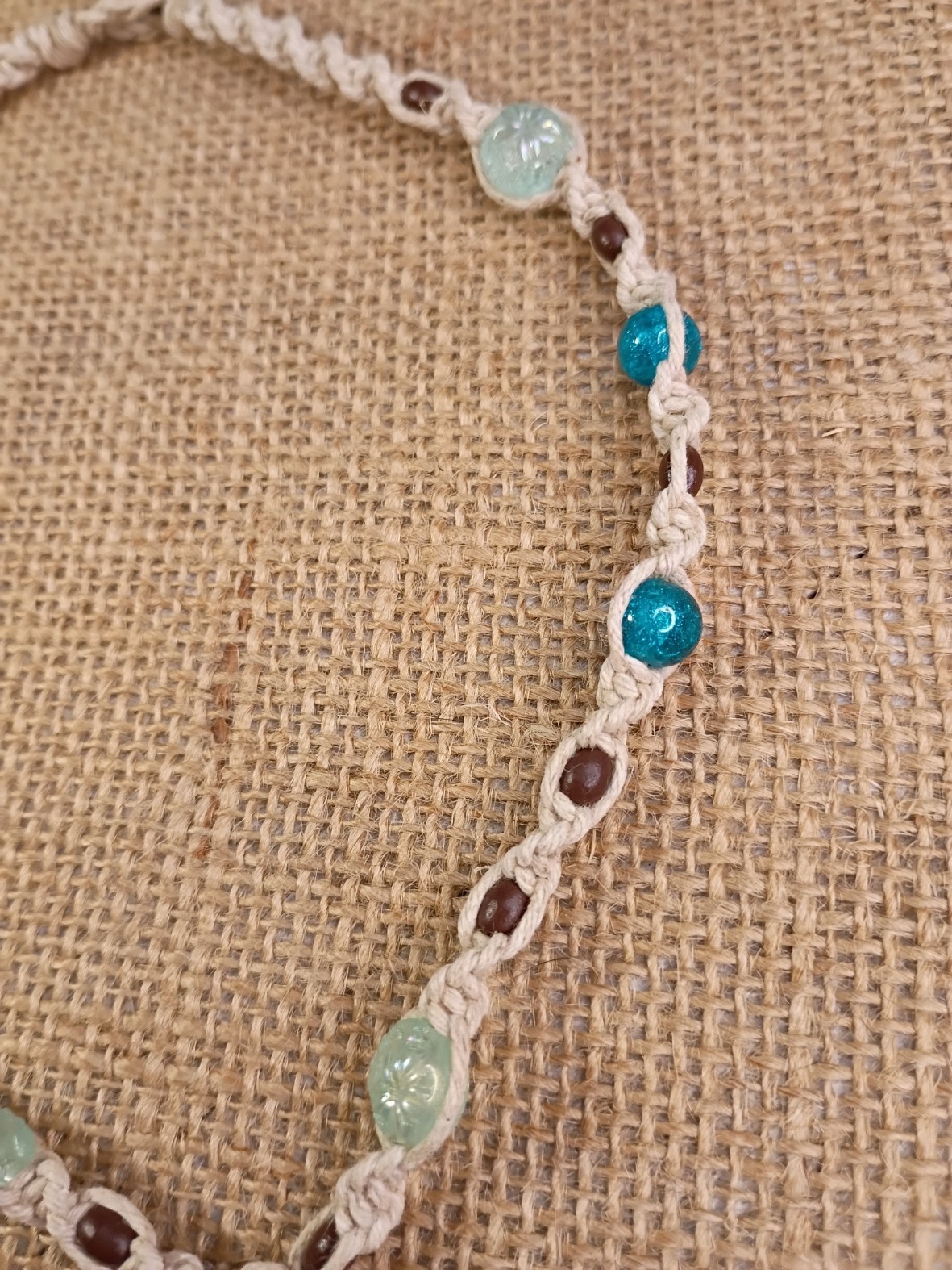 New Natural Hemp Necklace W/ Peace Sign Charm & Mixed Beads 16 in Twist Macrame