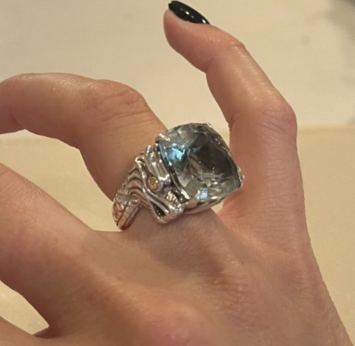 John Hardy NAGA 18kt Gold and .925 Silver, Green Amethyst Ring, SZ 5
