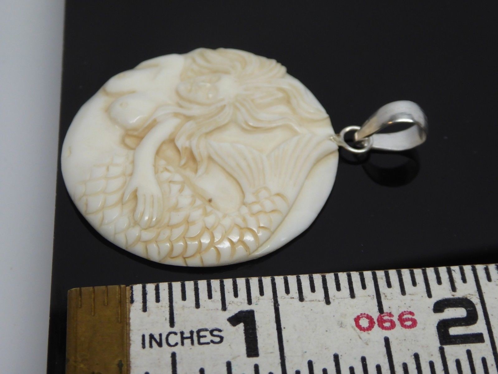 Mermaid Siren Water Buffalo Bubalus Bubalis Bone Carved Round Pendant Necklace