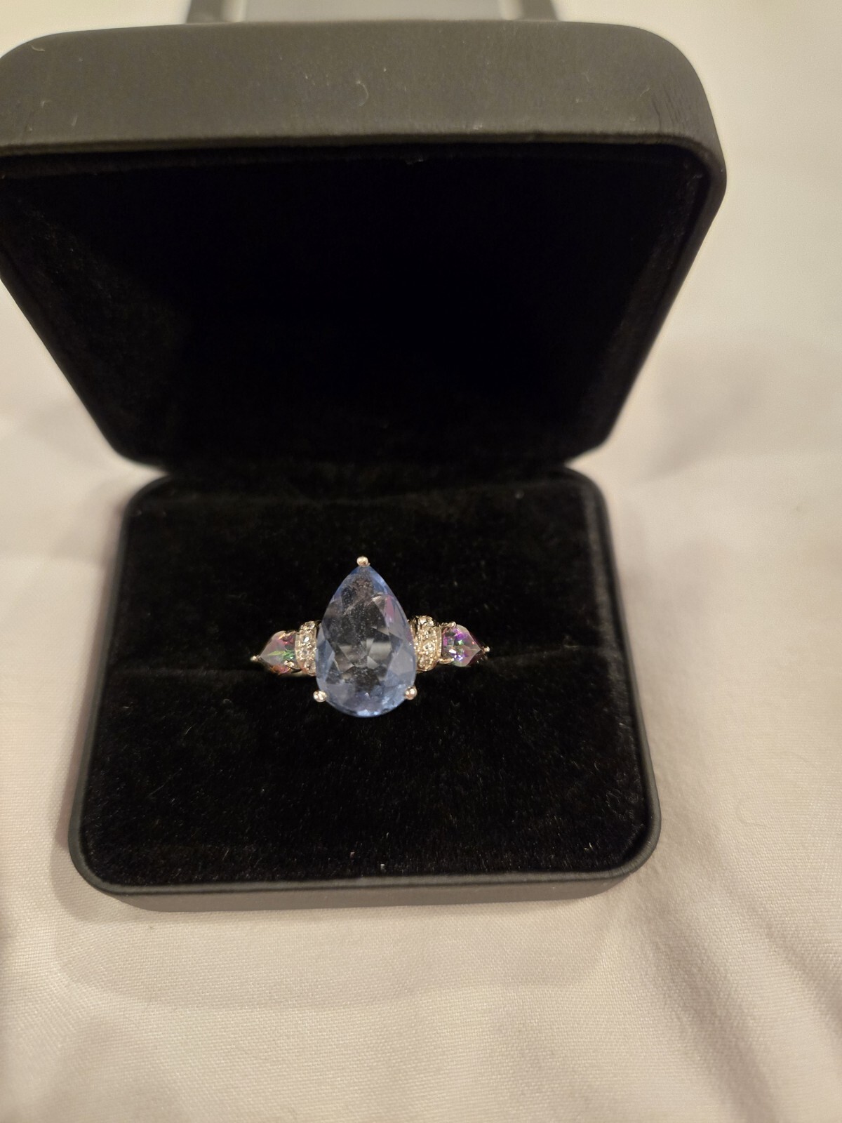 Pear Shape Blue Fluorite/Green Topaz/White Zircon Sterling Silver Ring