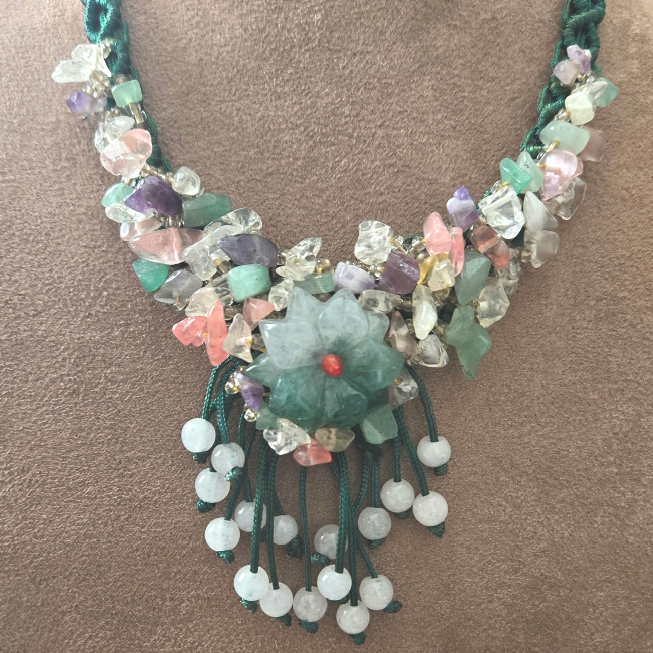 Vintage Semi- Precious-stones Floral Beaded Green Macrame Adjustable Necklace